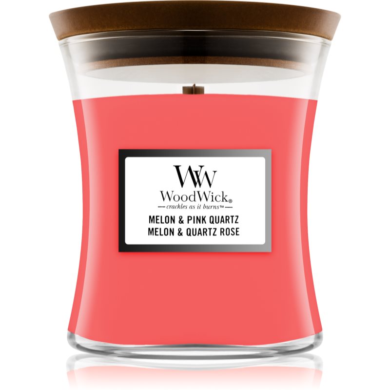 Woodwick Melon & Pink Quarz dišeča sveča  z lesenim stenjem 85 g