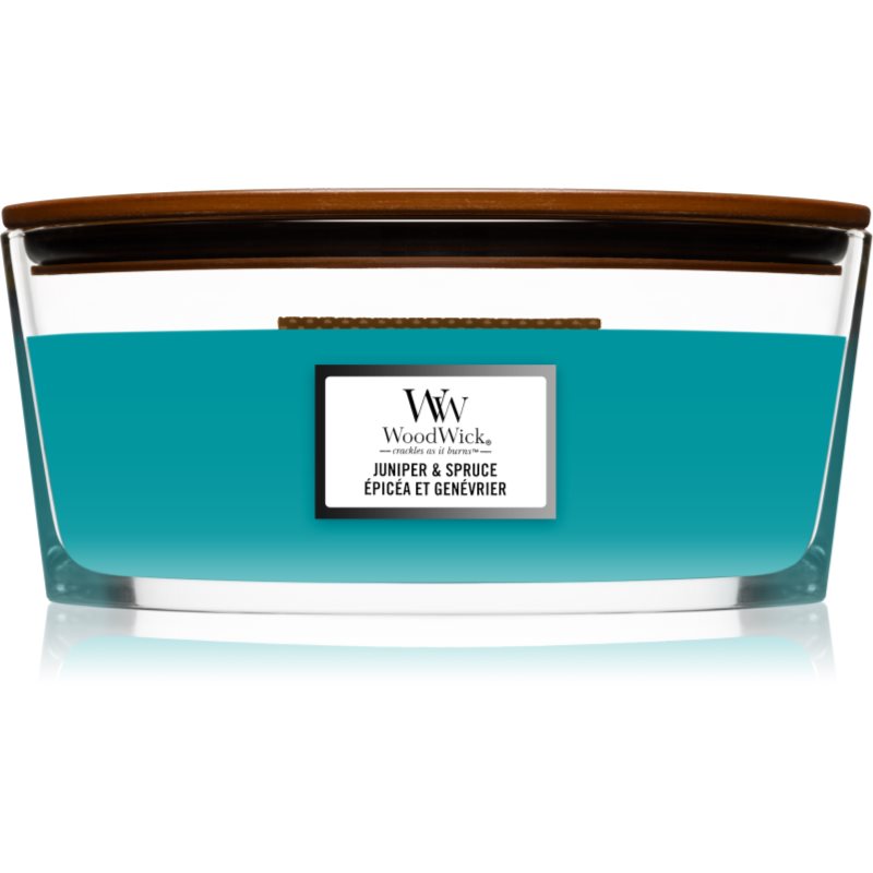 

Woodwick Juniper & Spruce aроматична свічка з дерев'яним гнітом (hearthwick