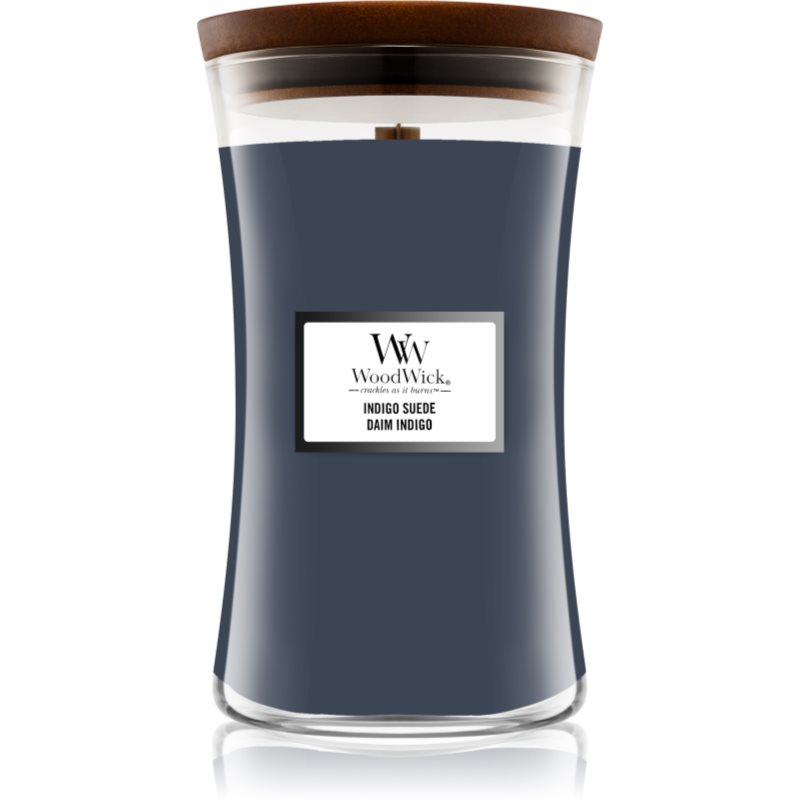 Woodwick Indigo Suede mirisna svijeća s drvenim fitiljem 610 g
