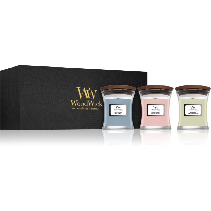 Woodwick Evening Onyx & Solar Ylang & Coastal Sunset gift set with wooden wick (gift box) 1 pc
