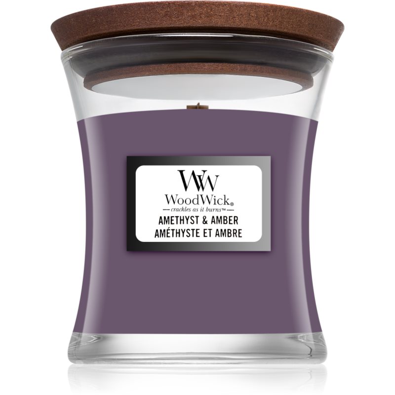 Woodwick Amethyst & Amber vonná sviečka s dreveným knotom 85 g