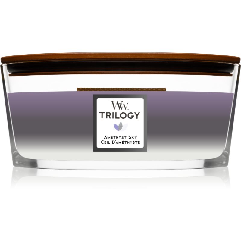 Woodwick Trilogy Amethyst Sky scented candle with wooden wick (hearthwick) 453,6 g
