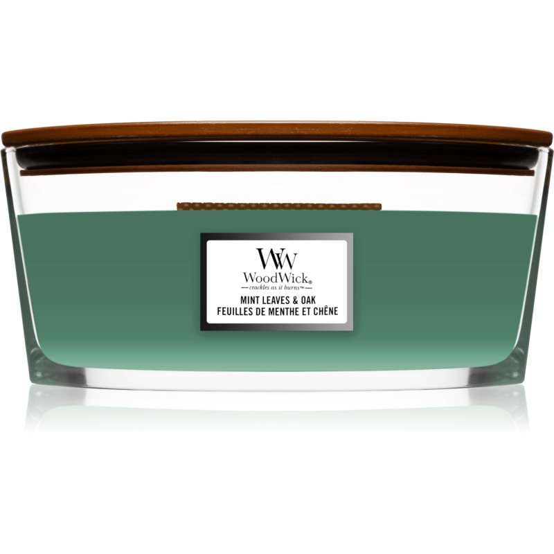 E-shop Woodwick Mint Leaves & Oak vonná svíčka s dřevěným knotem (hearthwick) 453,6 g