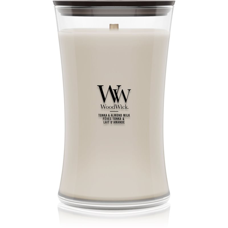 Woodwick Tonka & Almond Milk vonná svíčka s dřevěným knotem 610 g
