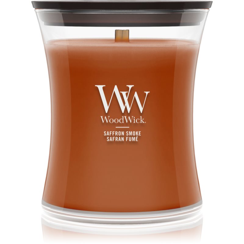 Woodwick Saffron Smoke dišeča sveča z lesenim stenjem 275 g