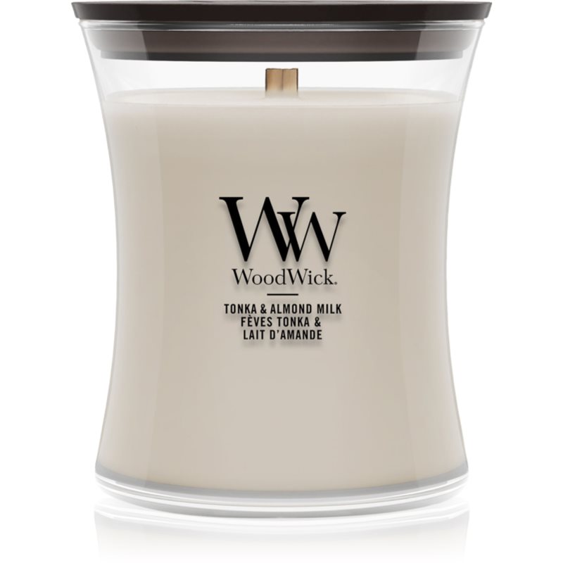 Woodwick Tonka & Almond Milk vonná svíčka s dřevěným knotem 275 g