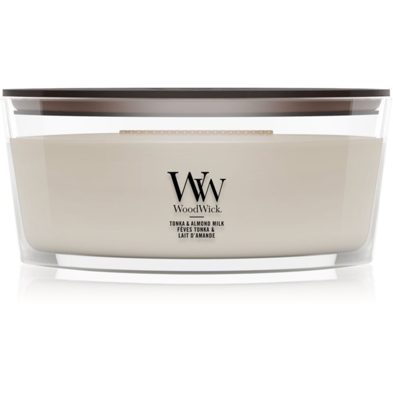 Woodwick Tonka & Almond Milk vonná svíčka s dřevěným knotem 453.6 g