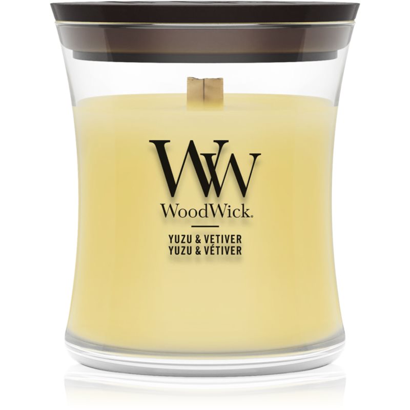 Woodwick Yuzu & Vetiver dišeča sveča z lesenim stenjem 85 g