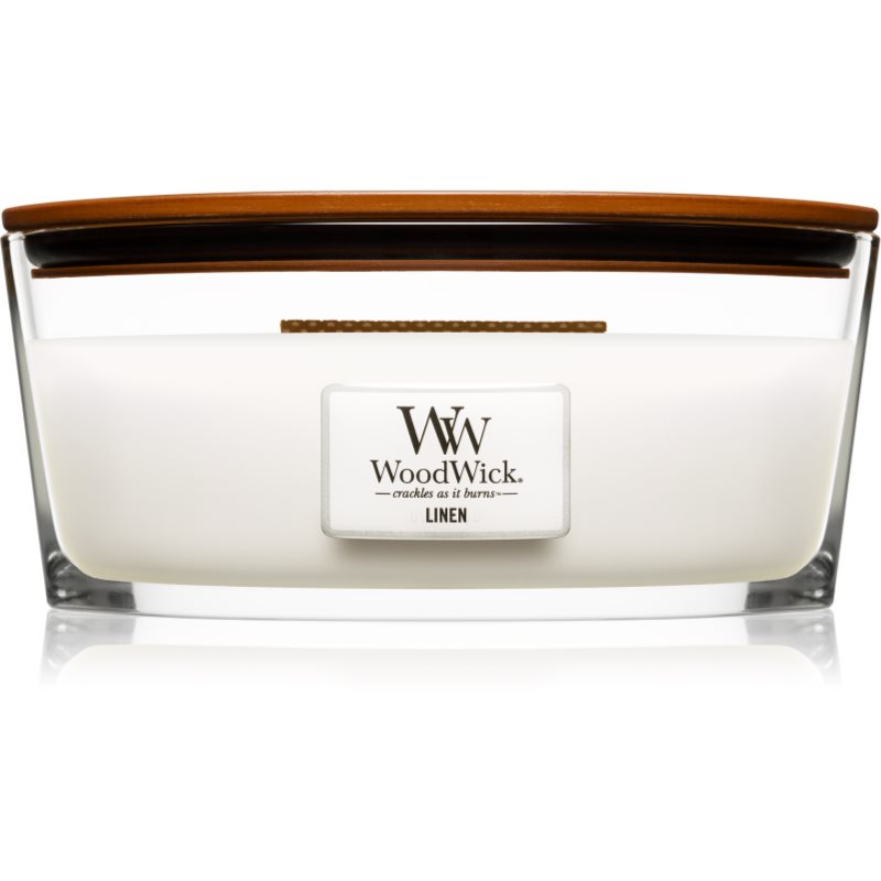 

Woodwick Linen aроматична свічка з дерев'яним гнітом (hearthwick