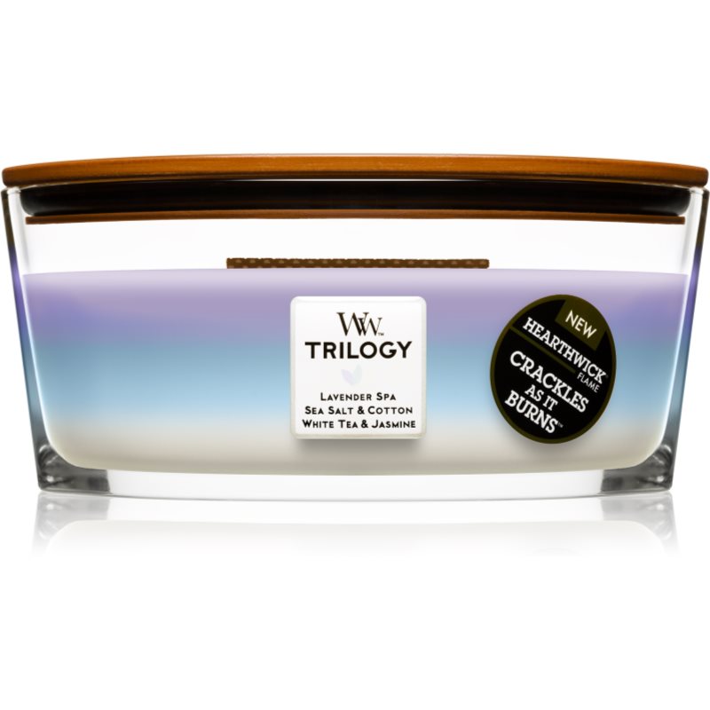 Woodwick Trilogy Calming Retreat vonná sviečka s dreveným knotom (hearthwick) 453.6 g