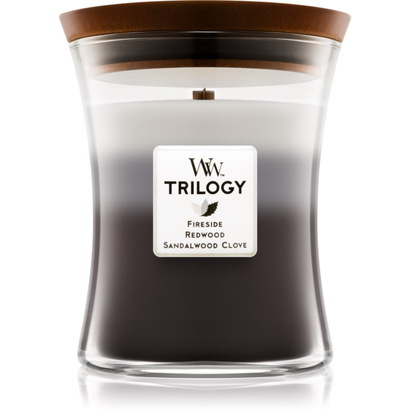 Woodwick Trilogy Warm Woods mirisna svijeća s drvenim fitiljem 275 g