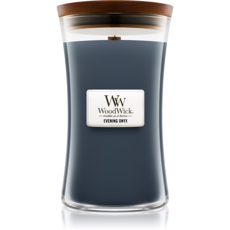 Woodwick Evening Onyx dišeča sveča  z lesenim stenjem 609.5 g