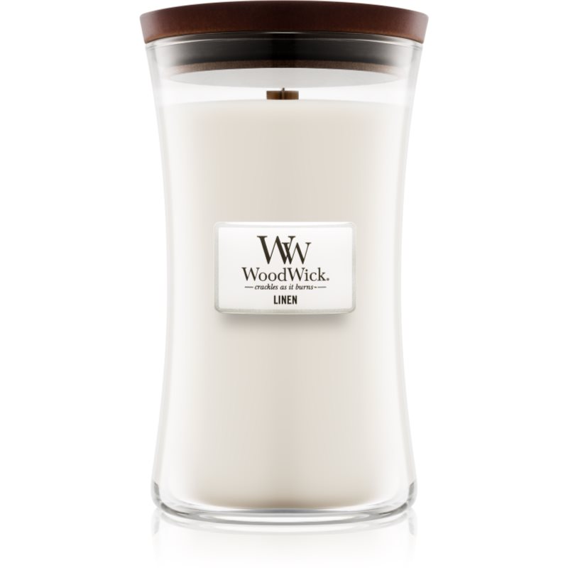 Woodwick Linen dišeča sveča z lesenim stenjem 609.5 g