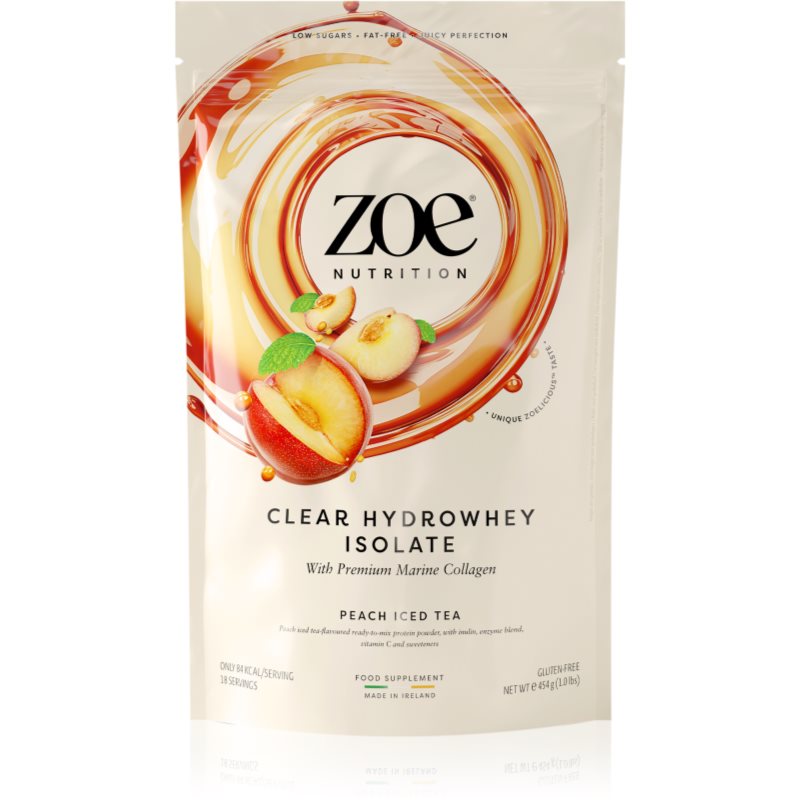 ZOE Clear Hydrowhey Isolate syrovátkový izolát s kolagenem příchuť Peach Iced Tea 454 g