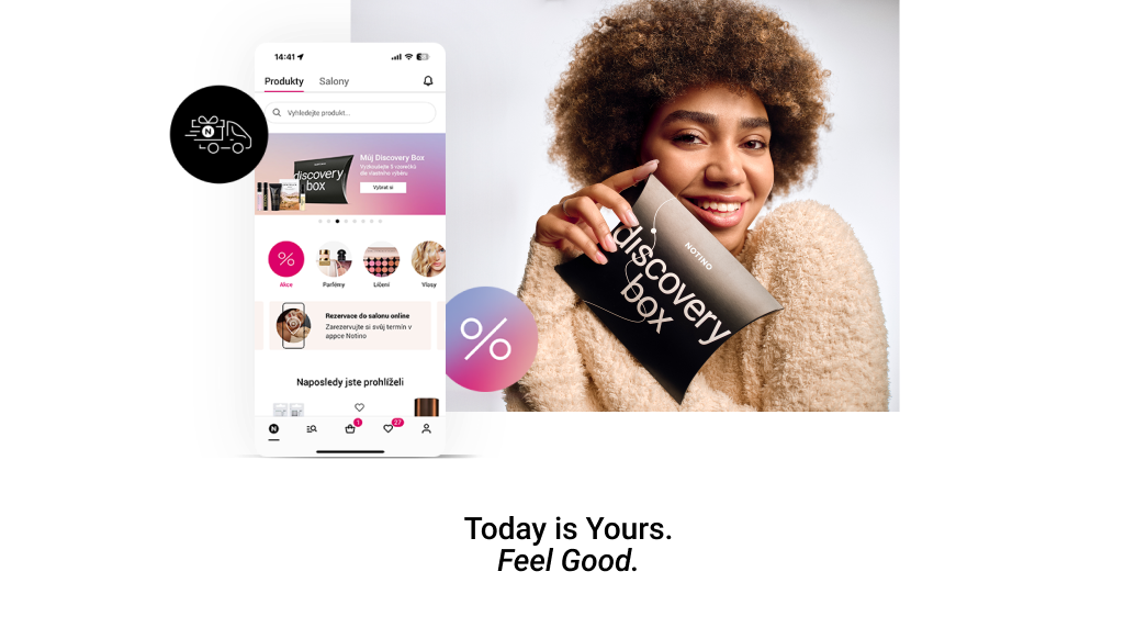 Notino promotional image: mobile app and smiling woman