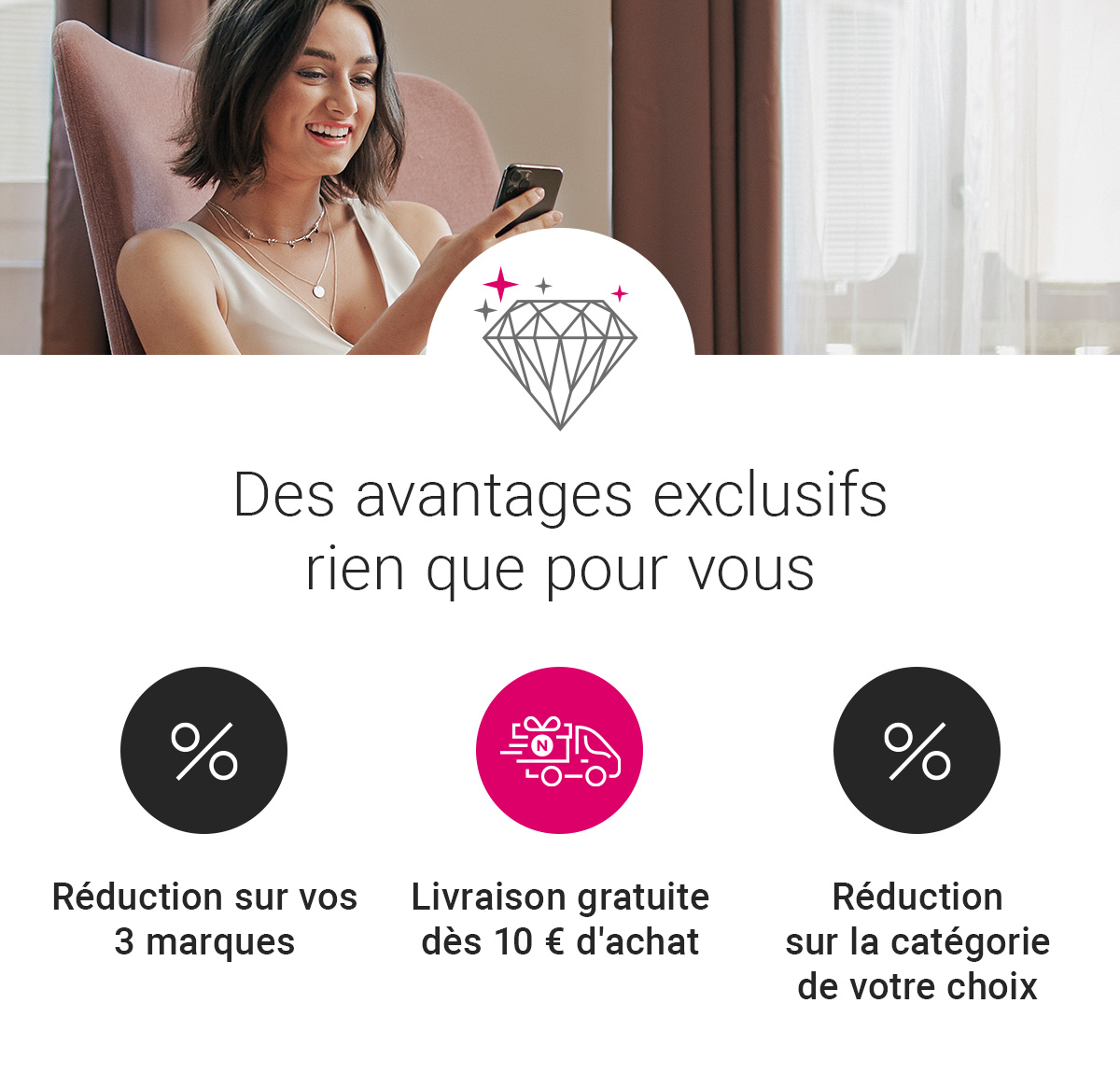 Avantages eclusifs rien que pour vous Réduction sur vos trois marques Livraison gratuite sans limite Réduction sur une catégorie de votre choix