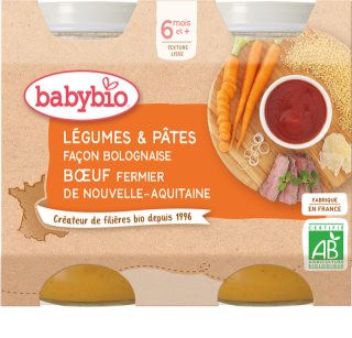 Babybio BIO zelenina s těstovinami na boloňský způsob s farmářským hovězím masem dětský příkrm 2x200 g