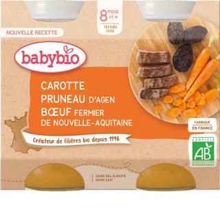 Babybio BIO mrkev a sušené švestky s hovězím masem dětský příkrm 2x200 g