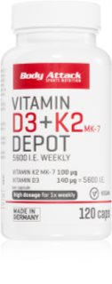 Body Attack Vitamin D3+K2 Depot Präparat zur Aufrechterhaltung einer gesunden Funktion des Organismus 120 KAP