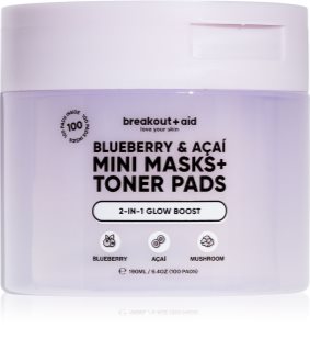 breakout + aid Mini Masks+Toner Pads Bluberry & Acai tonisierende Pads für hydratisierte und strahlende Haut 100 ml