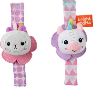 Bright Starts Wrist Pals Toy chrastítko na ruku s kousátkem Unicorn & Llama 0 m+ 2 ks