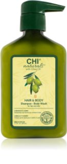 CHI Olive Naturals Hair & Body Shampoo šampūnas ir kūno prausiklis su alyvuogių aliejumi „Du viename“ 340 ml