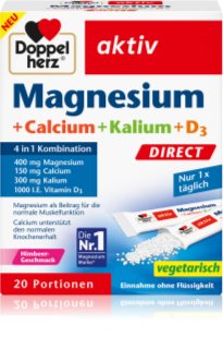 Doppelherz Magnesium + Calcium + Kalium + D3 Direct Sackerl für eine normale Funktion des Immunsystems, gesunde Knochen und Zähne und gute Muskelaktivität Geschmack Raspberry 82 g