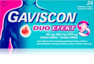 Gaviscon Gaviscon Duo Efekt 250 mg/106, 5 mg/187,5 mg žvýkací tablety ke zmírnění příznaků pálení žáhy