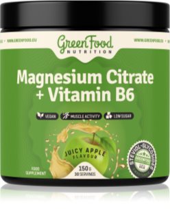 GreenFood Nutrition Magnesium Citrate + Vitamin B6 Pulver zur Unterstützung einer normalen Funktion des Nervensystems, Muskeln, Zähnen und zur Verringerung von Müdigkeit Geschmack Juicy Apple 150 g