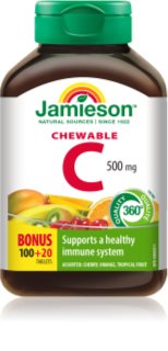 Jamieson C 500 mg comprimés à sucer pour soutenir le système immunitaire saveur Orange, Tropical fruit, Cherry 120 p.