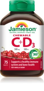 Jamieson C + D3 Chewables comprimés à sucer pour renforcer le système immunitaire, retrouver une belle peau, de beaux ongles et des dents en bonne santé saveur Morello Cherry 75 pcs