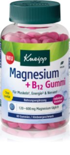 Kneipp Magnesium + B12 Gummies želé bonbóny pro podporu snížení míry únavy a vyčerpání, normální stav zubů, kostí a svalů příchuť Raspberry 60 ks