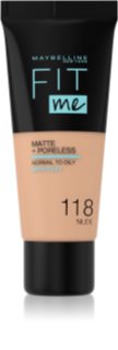 MAYBELLINE NEW YORK Fit Me! Matte+Poreless fond de teint matifiant pour peaux normales à grasses teinte 118 Nude 30 ml