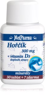 MedPharma Horčík 300mg + Vitamín D3 tablety na podporu zníženia únavy a vyčerpania, pre normálny stav zubov, kostí a svalov 37 tbl