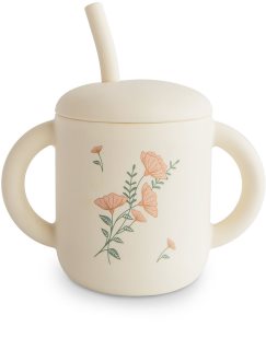 Mushie Silicone Training Cup Pink Flowers Cup with straw 170 ml