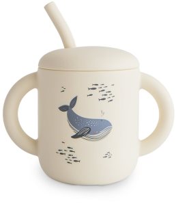 Mushie Silicone Training Cup Whales Kop med sugerør 270 ml
