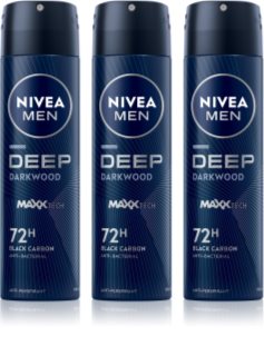 NIVEA MEN Deep Black Carbon Darkwood Antiperspirant Spray Ekonomiförpackning för män 3 x 150 ml