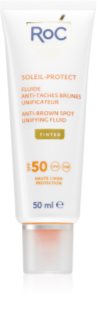 RoC Soleil Protect Anti Brown Spots Unifying Fluid Tinted tonizáló fluid amely egységesíti a bőr tónusait SPF 50 C-vitaminnal 50 ml