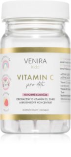 Venira Kids Vitamin C cucavé tablety pro podporu imunity, snížení míry únavy a vyčerpání příchuť Strawberry 120 tbl