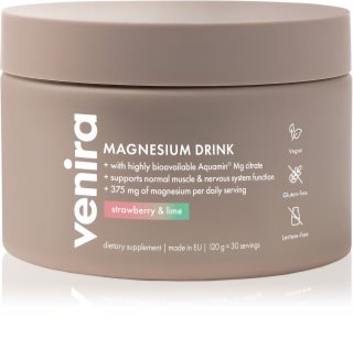 Venira Magnesium Drink prášek na přípravu nápoje pro podporu snížení míry únavy a vyčerpání, normální stav zubů, kostí a svalů příchuť Strawberry-Lime 120 g