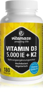 Vitamaze Vitamin D3 5000 IE + K2 pastilles conçu pour préserver le bon fonctionnement du système immunitaire, des os et des muscles 180 p.