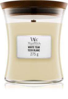Woodwick White Teak kvapioji žvakė medinė dagtis