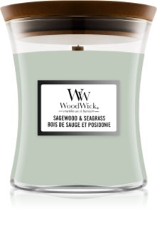 Woodwick Sagewood & Seagrass ароматна свещ с дървен фитил