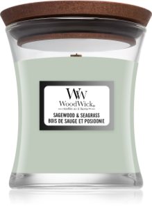 Woodwick Sagewood & Seagrass mirisna svijeća s drvenim fitiljem