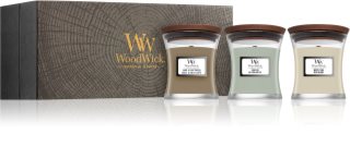 Woodwick Fireside + White Teak + Sand & Driftwood dárková sada 3x85 g