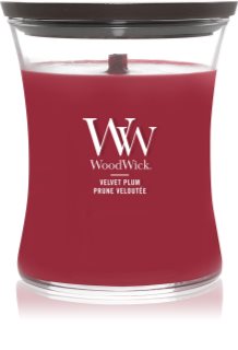 Woodwick Velvet Plum illatgyertya fa kanóccal