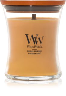 Woodwick Opulent Wood Golden Bourbon geurkaars met een houten lont (hearthwick)
