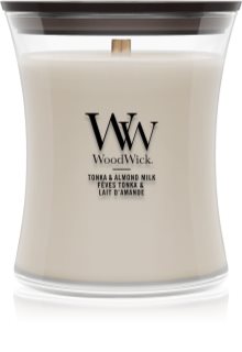 Woodwick Tonka & Almond Milk candela profumata con stoppino in legno 275 g