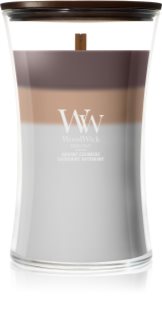 Woodwick Trilogy Radiant Cashmere dišeča sveča z lesenim stenjem 610 g