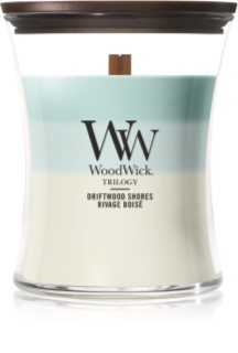 Woodwick Trilogy Driftwood Shores tuoksukynttilä sisältää puusydämen